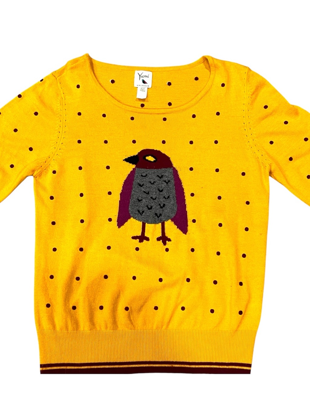 Women’s Yumi knit sweater polka dot pullover bird size medium - Picture 5 of 9